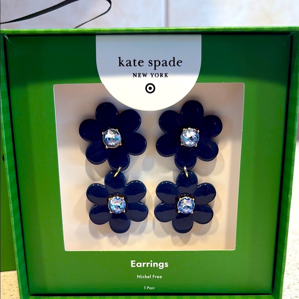 kate spade NWT Navy Double Flower Drop Earrings with Crystal Centers